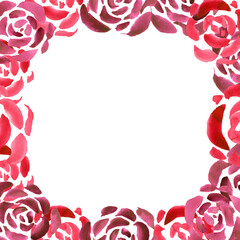 Watercolor spring flower frame with ruddy red petals. Hand painted border with roses. Square frame with simple red and scarlet. A template for your layout.