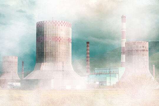 Thermal power plant in smog, smoke and fog