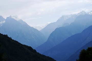 himalayan mountain range with foggy valley at munsiyari, uttarakhand, india