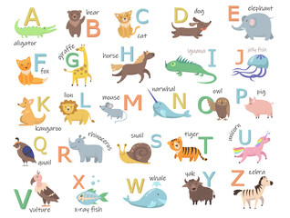 Obraz na płótnie Canvas Colorful zoo alphabet with cute animals flat illustration set. Cartoon letters from A to Z for children isolated vector illustration collection. Preschool and school education concept