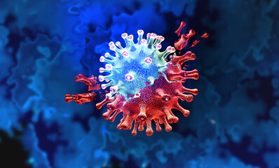Mutating virus concept and new coronavirus variant outbreak or covid-19 viral cell mutation and influenza background as dangerous flu strain medical health risk with disease cells - obrazy, fototapety, plakaty