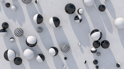 Striped black and white balls rolling. Concrete floor, hard light. Abstract illustration, 3d render.