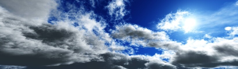 Beautiful sky with clouds and the sun, clouds on the blue sky, the sun among the clouds, 3D rendering