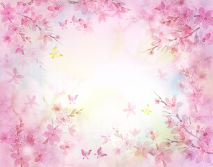 Spring pink delicate background with blooming cherry, sakura and butterflies. Watercolor drawing. Fragrance