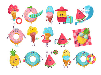 Summer cartoon characters set. Funny ice cream, rubber rings, watermelon slice, pineapple. Vector illustration for swimming pool party, beach activities, fun, vacation, travel concept