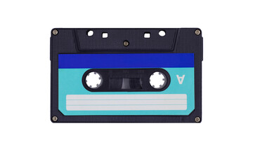 Audio cassette close up on white background