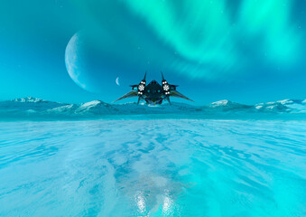 alien space ship is flying on ice planet rear view