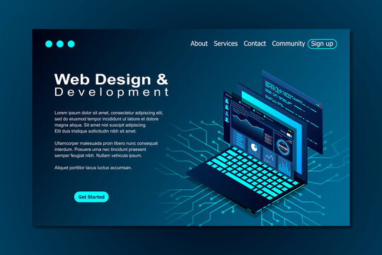 Web design and development vector isometric illustrations. web design development concept programming language program code big data processing on laptop screen. Vector illustration