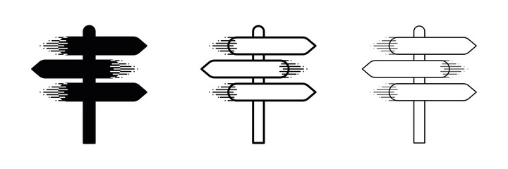 Different thickness signage icon set. Fast signpost icon. Modern road signs silhouettes. Signpost writing, pointer line icon, outline vector sign, isolated linear style pictogram. 