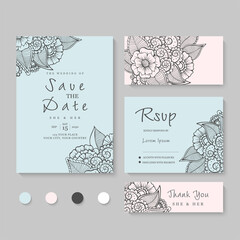 Set of templates for celebration, wedding. Blue flowers.