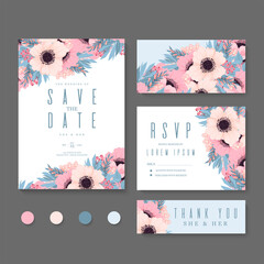 Wedding vector floral invite invitation thank you, rsvp card design set.