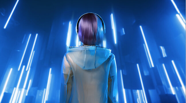 Beautiful woman with purple hair in futuristic costume. Blue and violet neon light background. Young girl in modern headphones listening music.