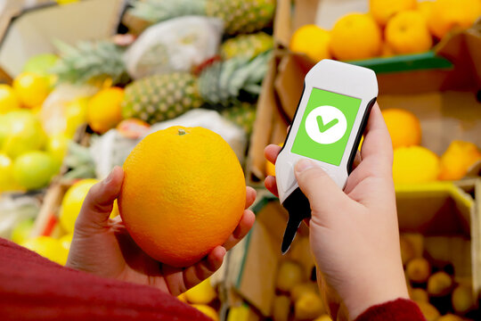 device in hand measuring nitrates and pesticides on market vegetables and fruits