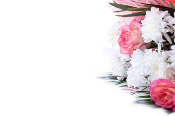 Bouquet of chrysanthemums and roses on a white. Bouquet on a white with copy space.