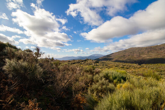Paisaje de oto&ntilde;o con cielo de nubes azul en el norte de Extremadura