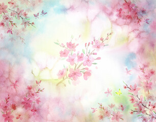 Spring pink delicate background with blooming cherry, sakura. Watercolor drawing. Fragrance