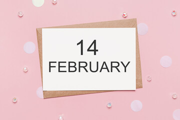 note letter with sparkles on pink background, love and valentine concept with text 14 february