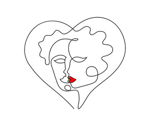 Vector faces of a man and a woman in a kiss in the form of a heart. Valentine, icon, sticker, postcard, wedding, invitation, congratulation, banner, apology. Isolated continuous line. Contour drawing 