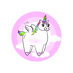 Vector image of a cute colored kawaii unicorn in the clouds.