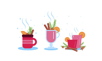 Set with mulled wine cups, isolated on white. Cute vector illustration in flat style