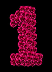 love concept image of number 1 made of pink roses isolated on black background. Design element for love concepts designs