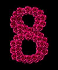 love concept image of number 8 made of pink roses isolated on black background. Design element for love themes
