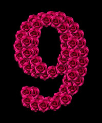 love concept image of number 9 made of pink roses isolated on black background. Design element for love themes