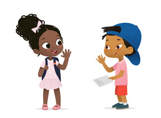African American Girl saying goodbye to Asian American Boy. Happy african schoolmates greeting isolated on white cartoon characters. Boy and Girl schoolchildren going to school