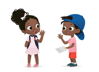 African American schoolkids saying goodbye flat vector illustration. Happy african schoolmates greeting isolated on white cartoon characters. Boy and Girl schoolchildren going to school