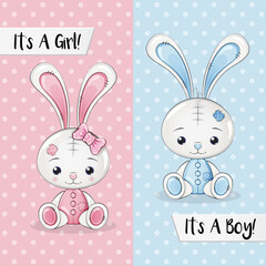 It's a Girl! It's a Boy! Greeting card with child cute Pink and Blue rabbit. Vector isolated illustration for childrena or Baby Shower