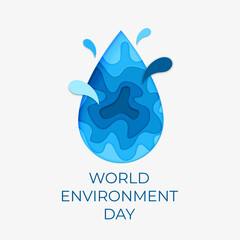 World Environment day.  Paper art concept.The celebration dedicated to help protect, and conserve world oceans, water, ecosystem. Blue 3d origami craft paper of sea waves. Vector isolated illustration