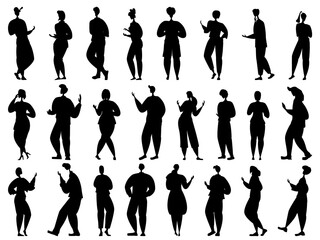 People walk, laugh, get angry, shout, talk. Men and women in different poses. Set vector in silhouette style isolated on white.