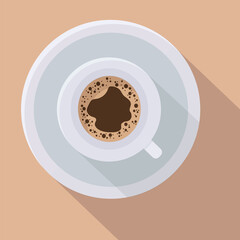 Cup of coffee top view. Flat style with long shadow