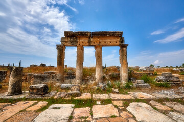 Fototapeta na wymiar Tomb, Hierapolis - an ancient city located on the slope of the Cökelez mountain, above the Pamukkale limestone terraces, approx. 15 km from Denizli in south-western Turkey (Anatolia)