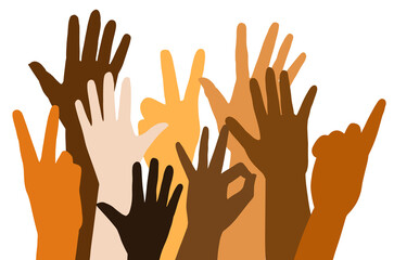 Fototapeta premium Shadows of Raised hands of different race skin color on white background. Flat Vector illustration