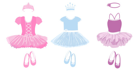 set of three children's dresses, shoes and crowns for little princesses