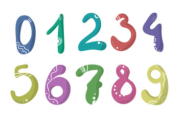 Cute Number Character zero one two three four five six seven eight nine cartoon doodle set. Cute funny numbers vector illustration set. Colorful cartoon numbers for kids, birthday card template.