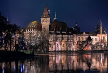 Fototapeta na wymiar Night view of Vajdahunyad castle in Budapest (Hungary)