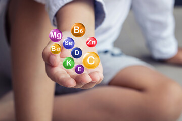 Vitamins and minerals for children. Close-up of supplements for kids.