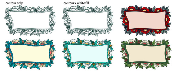 Set of six hand drawn frames with flowers, berries and leaves in flat design. Copy space floral vector illustration in different variations 