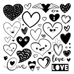 Vector doodle hand-drawn black hearts set. Character kawaii faces