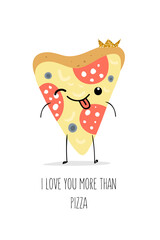 Cute greeting cards for Valentine s Day with pizza in kawaii style. Vector illustration