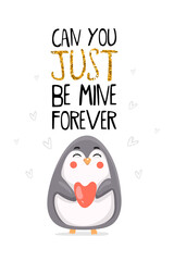 Cute greeting cards for Valentine s Day with penguin in kawaii style. Vector illustration