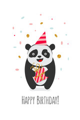 Cute greeting cards for Happy Birthday Day with panda in kawaii style. Vector illustration