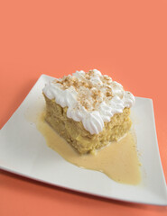 postre tres leche sobre un plato blanco, vista superior