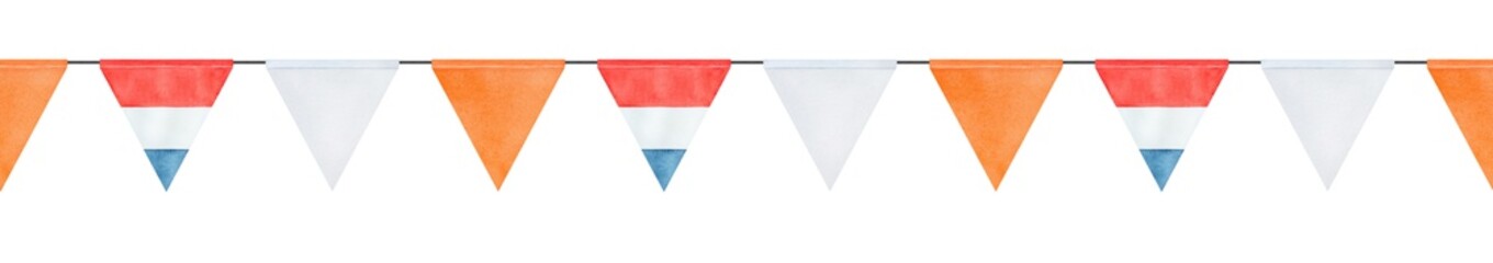 Seamless repeatable border of festive watercolour string bunting with flag of the Netherlands. Koningsdag and King's Day decoration. Hand painted graphic drawing, cutout clip art element for design.