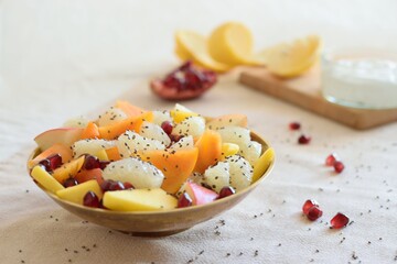 salad, persimmon, orange, pomegranate, apple, chia, food, meal, snack, healthy