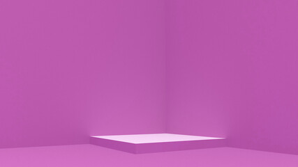 Rectangular pink, purple stand in the corner. Two pink walls. A podium for displaying products and merchandise. 3d render.