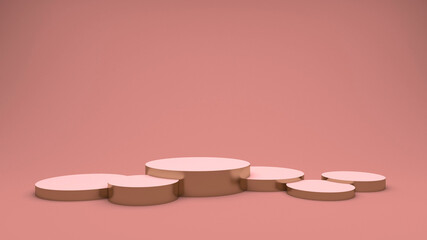 Round pink golden podiums. Six metal cylinders. Display stands for products and goods. 3d render. Rectangular delicate background.