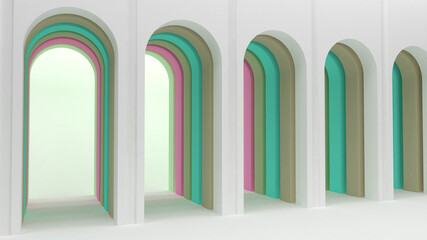 Rounded arches. Arched multi-colored openings in the wall. Architectural gallery. 3d render.